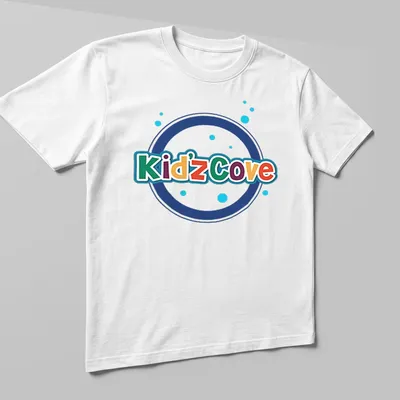 Colorful Kidz Cove logo t-shirt with playful typography in vibrant colors — printed on a unisex t-shirt (angled view)