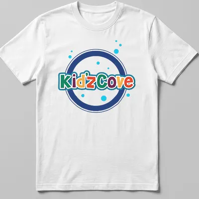 Colorful Kidz Cove logo t-shirt with playful typography in vibrant colors