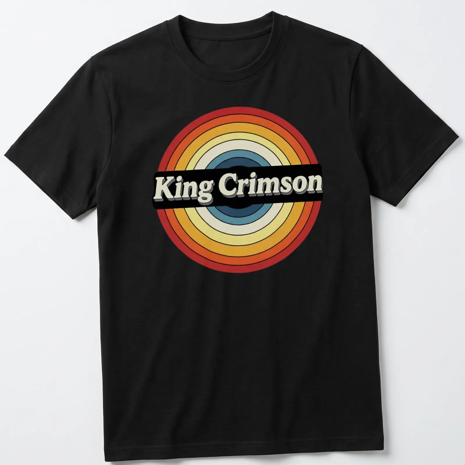 Retro King Crimson logo t-shirt in bold colors and circle design — printed on a unisex t-shirt