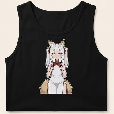 Anime illustration of a sultry Kitsune Miko in shrine maiden attire — printed on a tank top