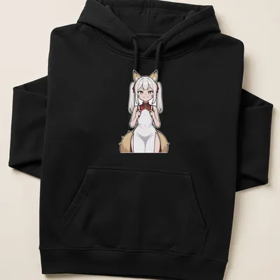 Anime illustration of a sultry Kitsune Miko in shrine maiden attire — printed on a unisex hoodie