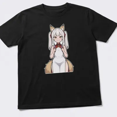 Anime illustration of a sultry Kitsune Miko in shrine maiden attire — printed on a unisex t-shirt