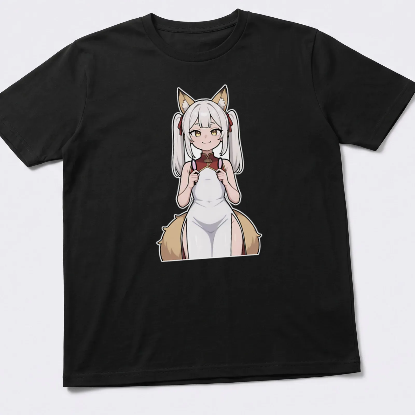 Anime illustration of a sultry Kitsune Miko in shrine maiden attire — printed on a unisex t-shirt