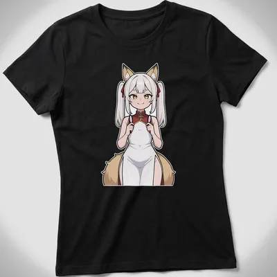 Anime illustration of a sultry Kitsune Miko in shrine maiden attire — printed on a women's shirt