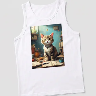 Realistic tabby cat in a forest setting with colorful details — printed on a tank top