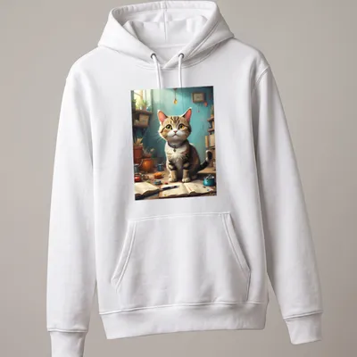 Realistic tabby cat in a forest setting with colorful details — printed on a unisex hoodie