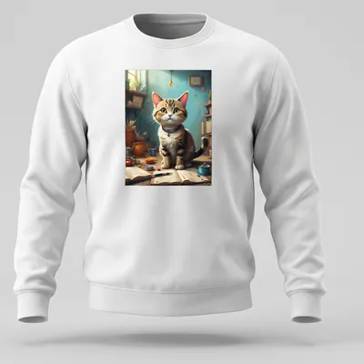 Realistic tabby cat in a forest setting with colorful details — printed on a unisex sweatshirt