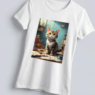 Realistic tabby cat in a forest setting with colorful details — printed on a women's shirt