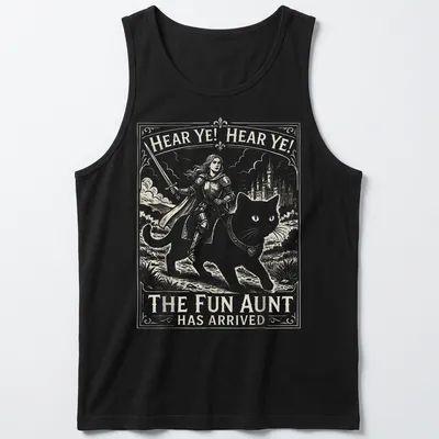 Knight Cat T-shirt with detailed illustration and playful text about the fun aunt. — printed on a tank top