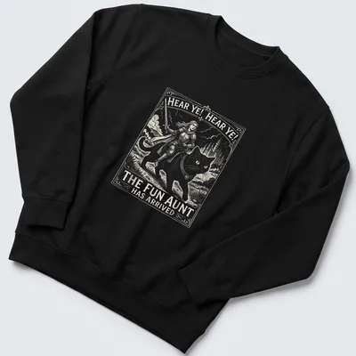 Knight Cat T-shirt with detailed illustration and playful text about the fun aunt. — printed on a unisex sweatshirt