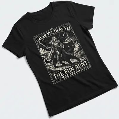 Knight Cat T-shirt with detailed illustration and playful text about the fun aunt. — printed on a women's shirt