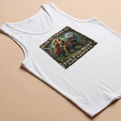 Knight Cat illustrated in armor with text about the fun aunt — printed on a tank top