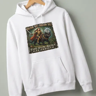 Knight Cat illustrated in armor with text about the fun aunt — printed on a unisex hoodie