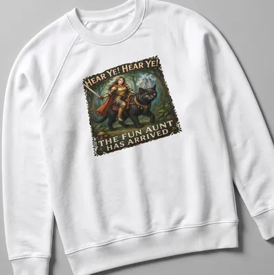 Knight Cat illustrated in armor with text about the fun aunt — printed on a unisex sweatshirt