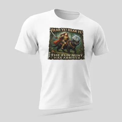 Knight Cat illustrated in armor with text about the fun aunt — printed on a unisex t-shirt (angled view)