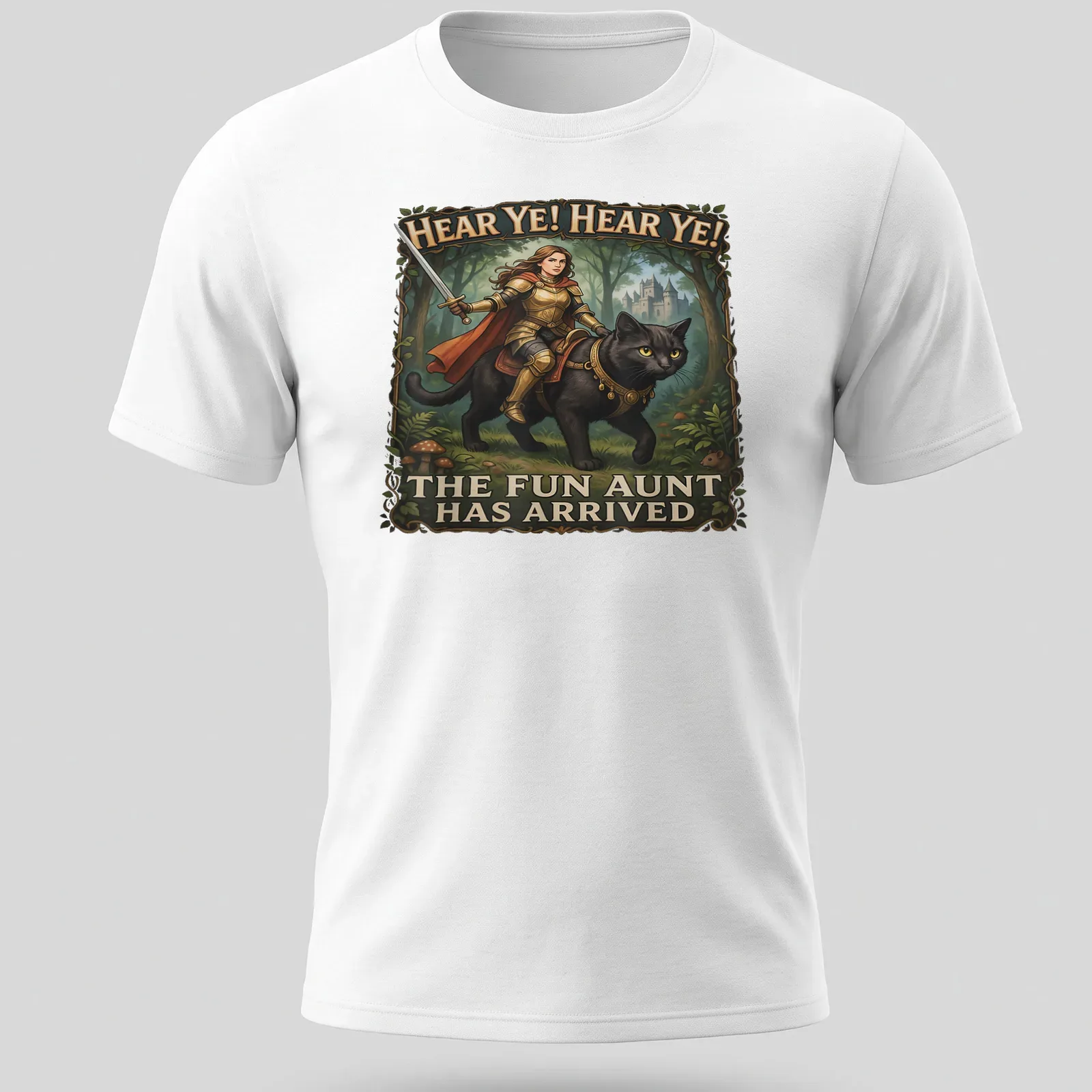Knight Cat illustrated in armor with text about the fun aunt — printed on a unisex t-shirt