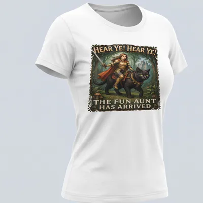 Knight Cat illustrated in armor with text about the fun aunt — printed on a women's shirt