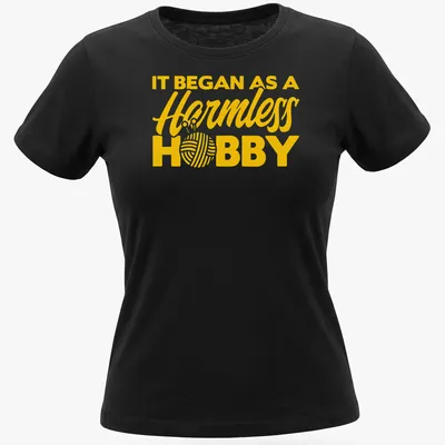 Bold typography Knitting Yarn t-shirt with a humorous slogan in yellow. — printed on a women's shirt