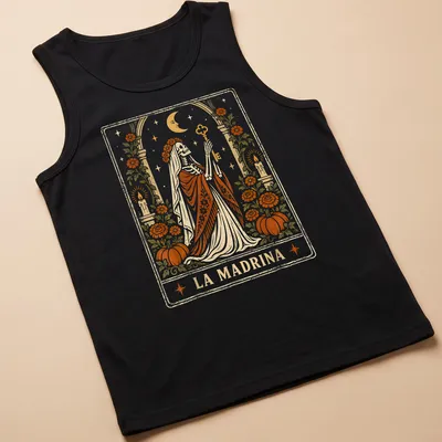 Vintage tarot card style t-shirt featuring a skeleton in a robe with LA MADRINA text — printed on a tank top