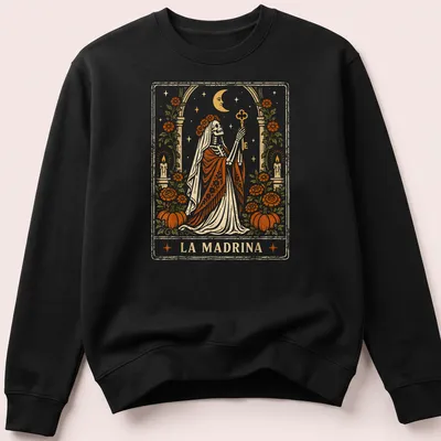 Vintage tarot card style t-shirt featuring a skeleton in a robe with LA MADRINA text — printed on a unisex sweatshirt