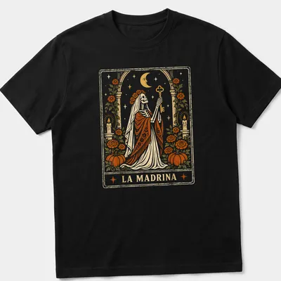 Vintage tarot card style t-shirt featuring a skeleton in a robe with LA MADRINA text