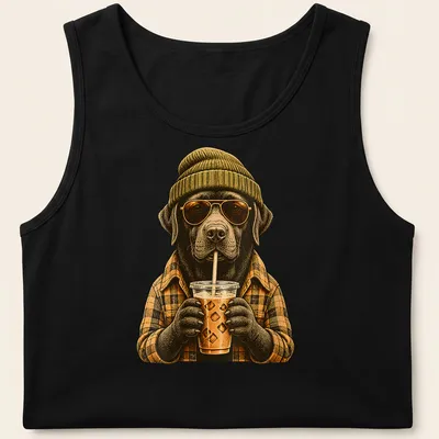 Vintage illustration of a happy Labrador Retriever drinking iced coffee. — printed on a tank top