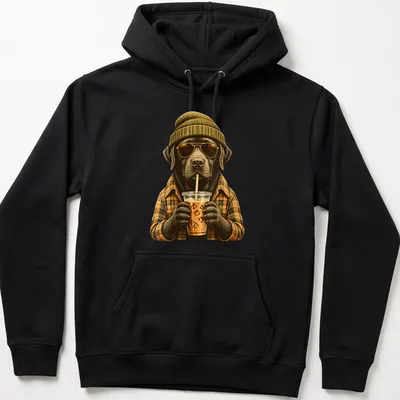 Vintage illustration of a happy Labrador Retriever drinking iced coffee. — printed on a unisex hoodie