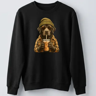 Vintage illustration of a happy Labrador Retriever drinking iced coffee. — printed on a unisex sweatshirt