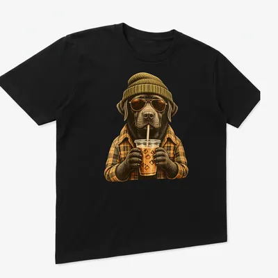 Vintage illustration of a happy Labrador Retriever drinking iced coffee. — printed on a unisex t-shirt (angled view)