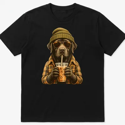 Vintage illustration of a happy Labrador Retriever drinking iced coffee.