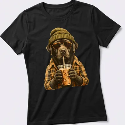 Vintage illustration of a happy Labrador Retriever drinking iced coffee. — printed on a women's shirt