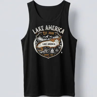 Vintage badge design featuring Lake America map with mountains and trees — printed on a tank top