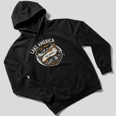 Vintage badge design featuring Lake America map with mountains and trees — printed on a unisex hoodie
