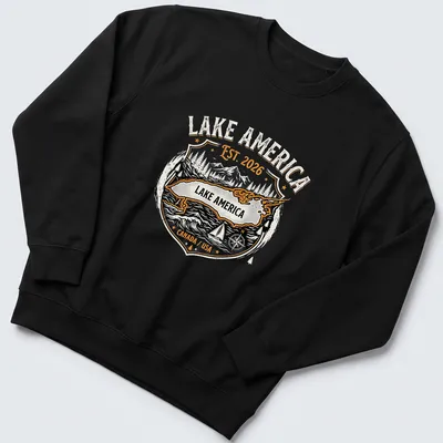 Vintage badge design featuring Lake America map with mountains and trees — printed on a unisex sweatshirt