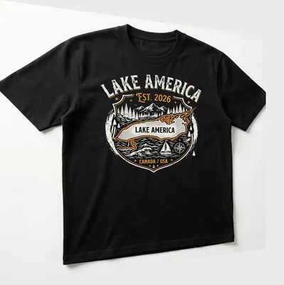 Vintage badge design featuring Lake America map with mountains and trees — printed on a unisex t-shirt (angled view)
