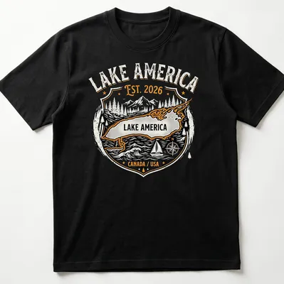 Vintage badge design featuring Lake America map with mountains and trees