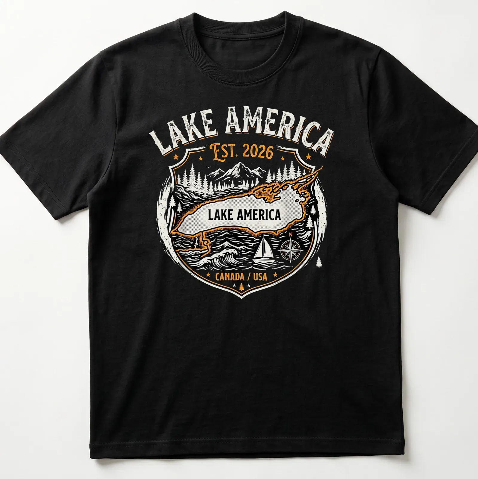 Vintage badge design featuring Lake America map with mountains and trees — printed on a unisex t-shirt