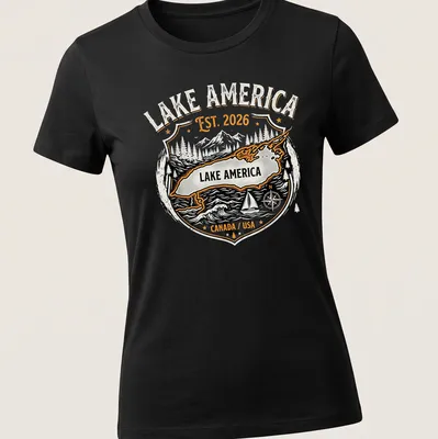 Vintage badge design featuring Lake America map with mountains and trees — printed on a women's shirt
