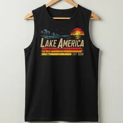 Retro sunset design with Lake America EST 2026 in vibrant colors — printed on a tank top
