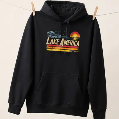 Retro sunset design with Lake America EST 2026 in vibrant colors — printed on a unisex hoodie