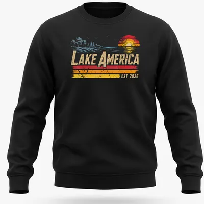 Retro sunset design with Lake America EST 2026 in vibrant colors — printed on a unisex sweatshirt
