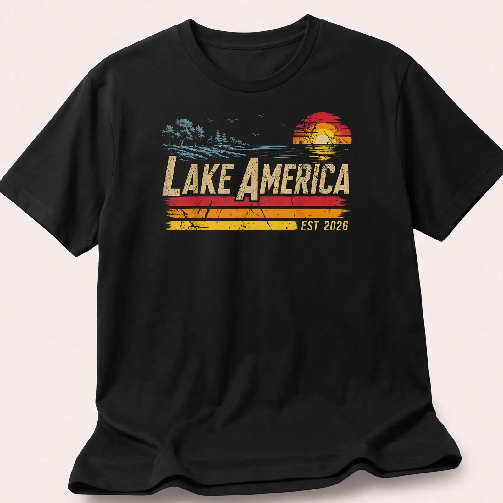 Retro sunset design with Lake America EST 2026 in vibrant colors — printed on a unisex t-shirt