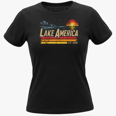 Retro sunset design with Lake America EST 2026 in vibrant colors — printed on a women's shirt