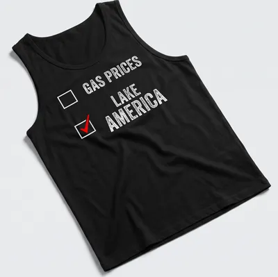 Distressed Lake America Gas Prices t-shirt with bold red and white text — printed on a tank top