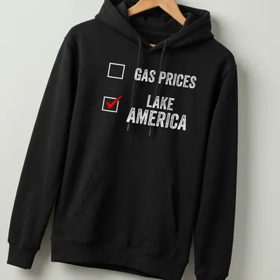 Distressed Lake America Gas Prices t-shirt with bold red and white text — printed on a unisex hoodie