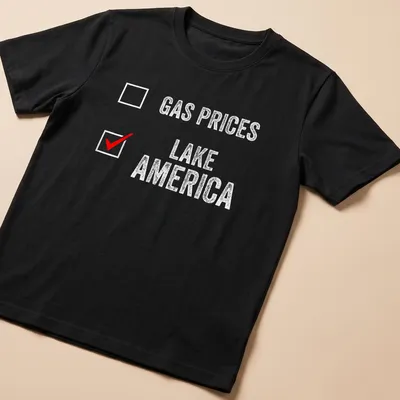 Distressed Lake America Gas Prices t-shirt with bold red and white text