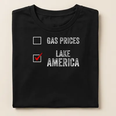 Distressed Lake America Gas Prices t-shirt with bold red and white text — printed on a women's shirt