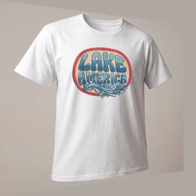Vintage retro Lake America t-shirt with a serene lake design — printed on a unisex t-shirt (angled view)