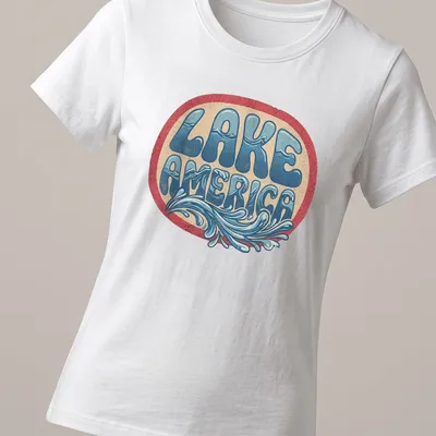 Vintage retro Lake America t-shirt with a serene lake design — printed on a women's shirt