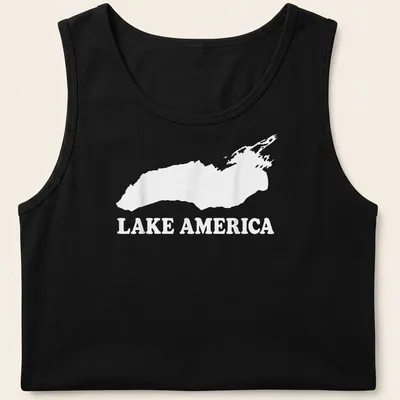 Vintage style t-shirt with 'Lake America' printed in bold lettering — printed on a tank top